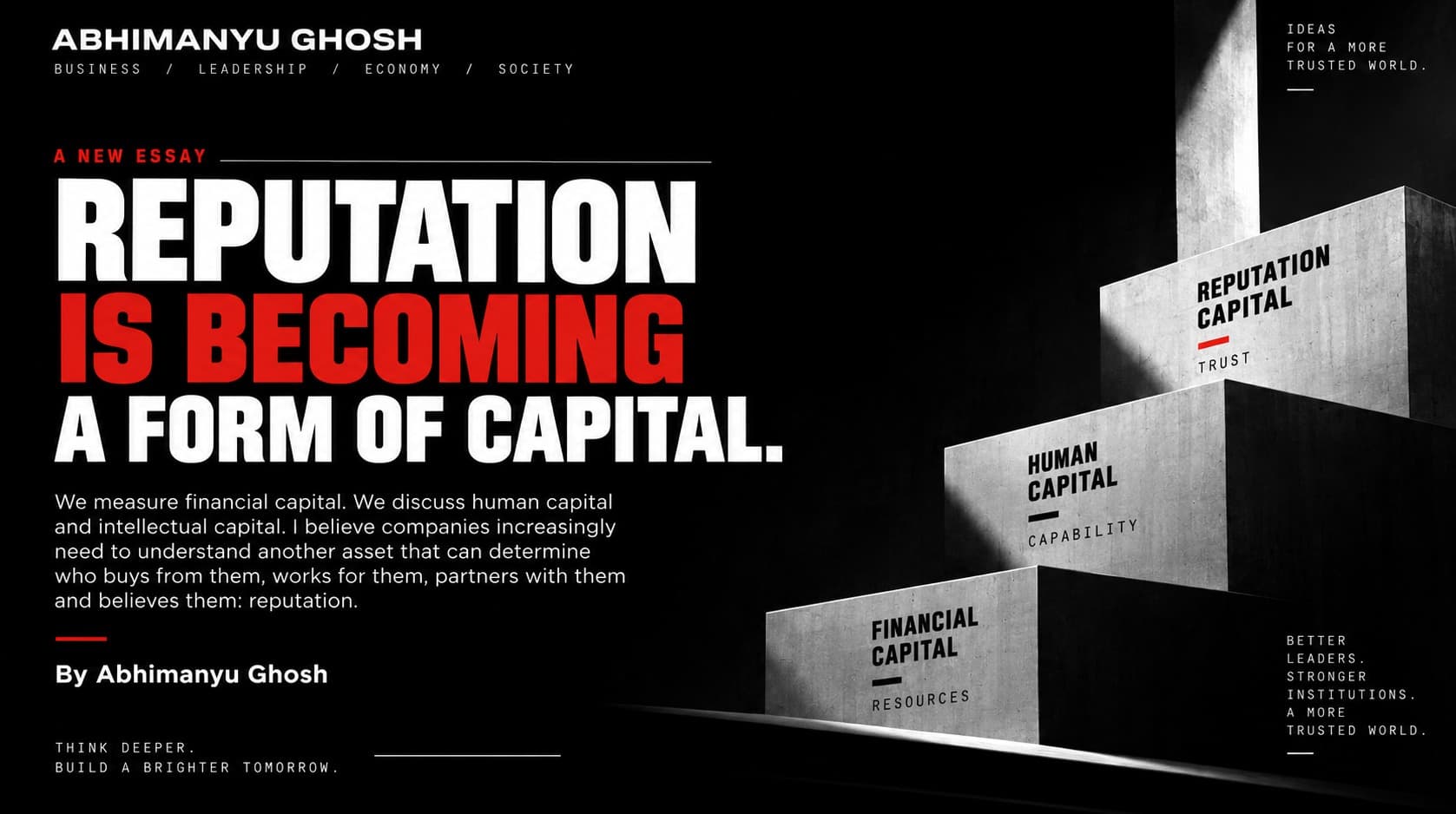 Abhimanyu Ghosh editorial artwork: Reputation is becoming a form of capital. Architectural blocks represent Financial Capital, Human Capital and Reputation Capital, with red headline accents.