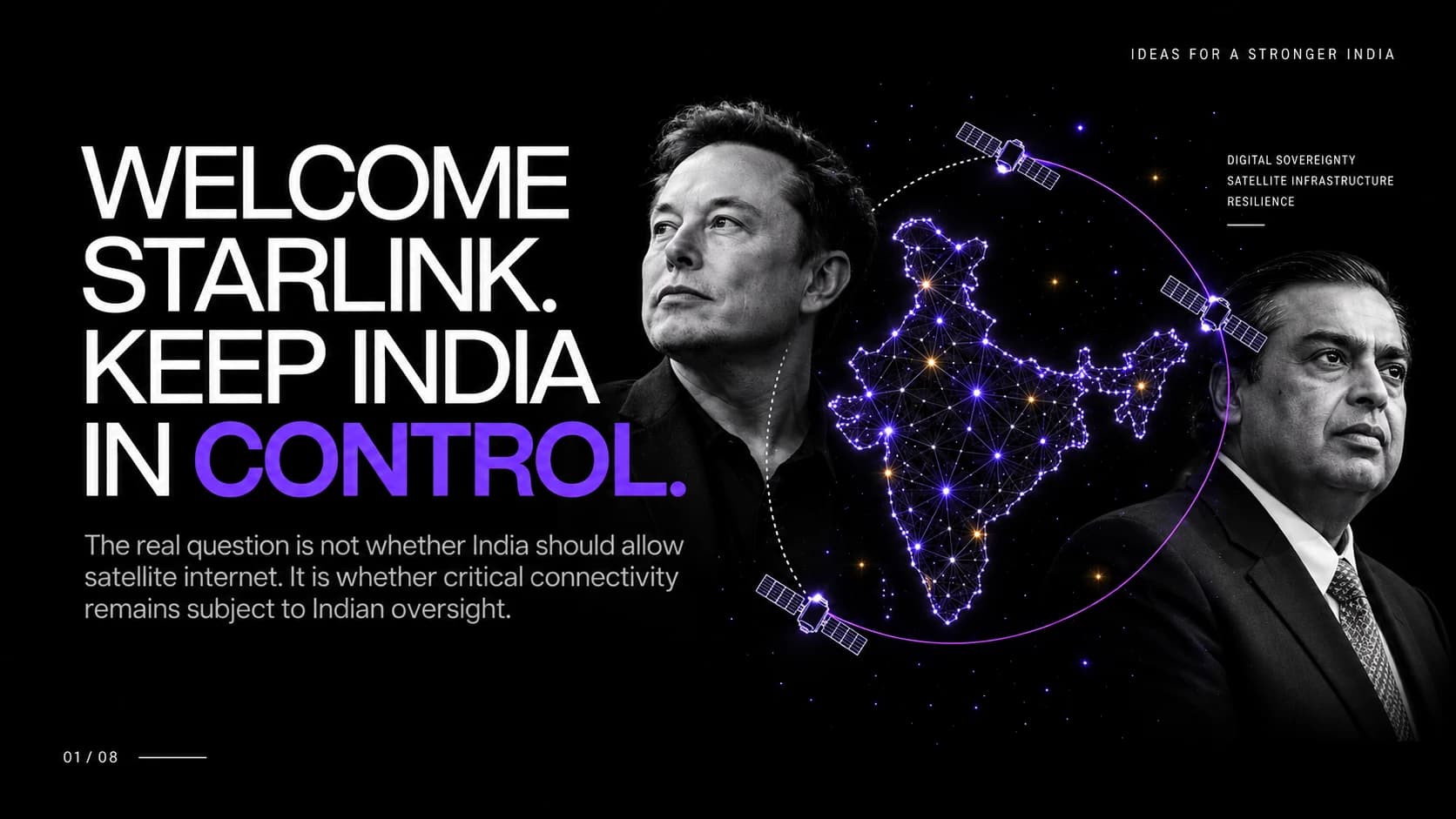 Welcome Starlink. Keep India in Control. Supplied editorial artwork showing Elon Musk, Mukesh Ambani, satellites and a connected map of India.