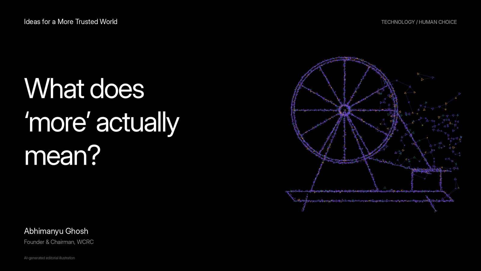 AI-generated editorial illustration of a violet spinning wheel beside the question: What does more actually mean?